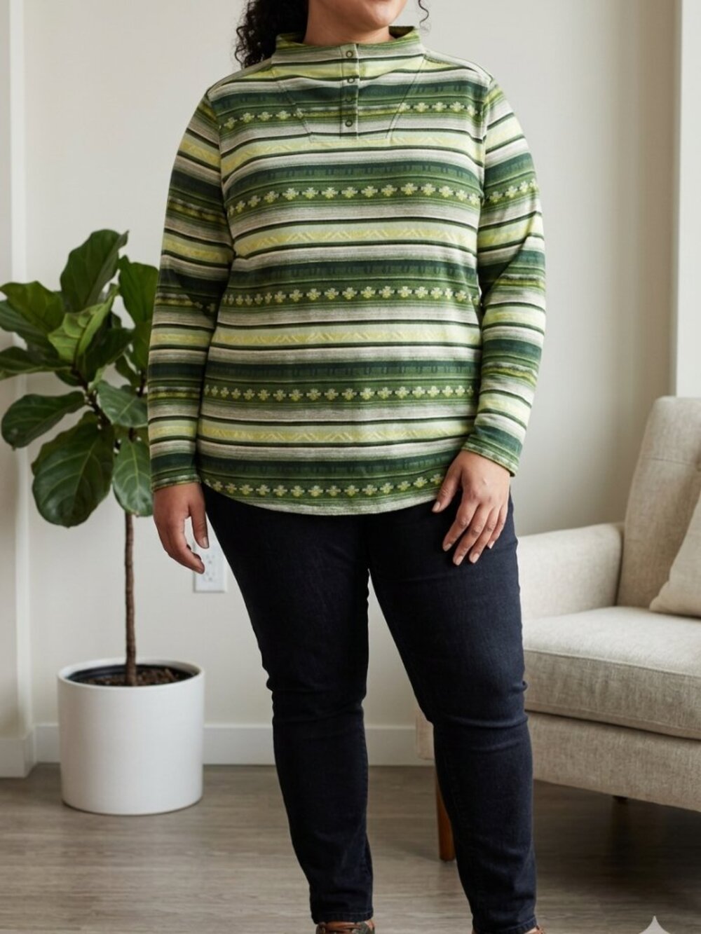 Woolrich Green Cotton Henley Pullover Size XXL Geometric Earthy Tribal Spring
